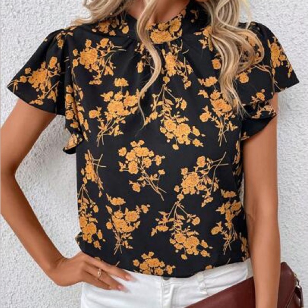 THML Black and Orange Floral Blouse